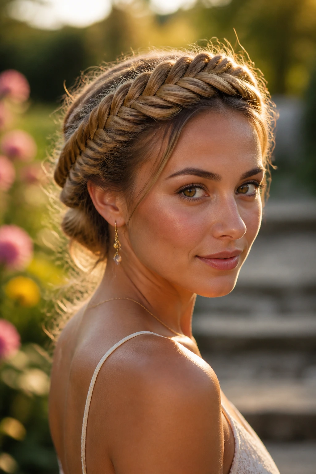 Real woman with an intricate Dutch fishtail crown around the head