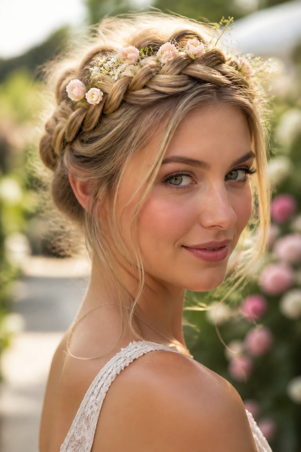Close-up portrait of a woman wearing a fishtail crown braided around the head with small flowers.