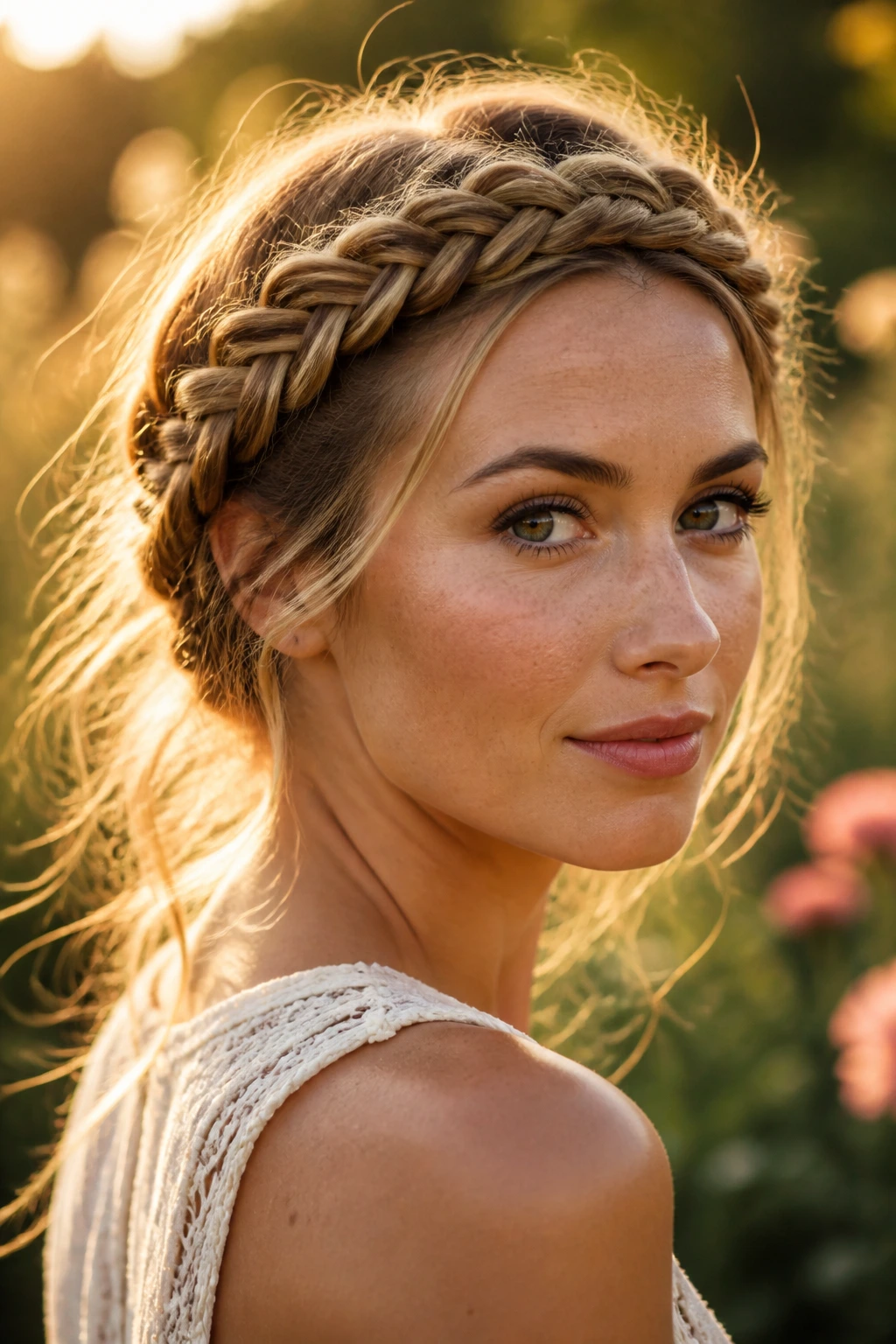 Real person wearing a fishtail crown braid around the head in golden hour outdoor light