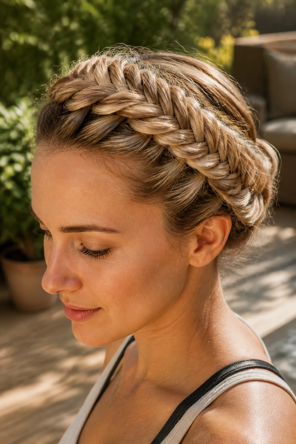 Close-up of a real woman's fishtail crown braids in sunlight