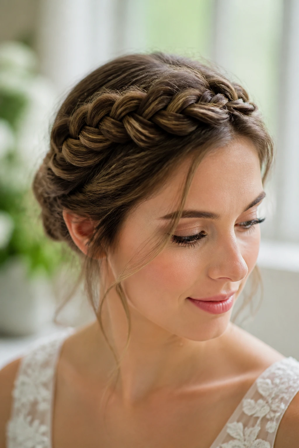 Close-up of a real person wearing a refined fishtail crown braid