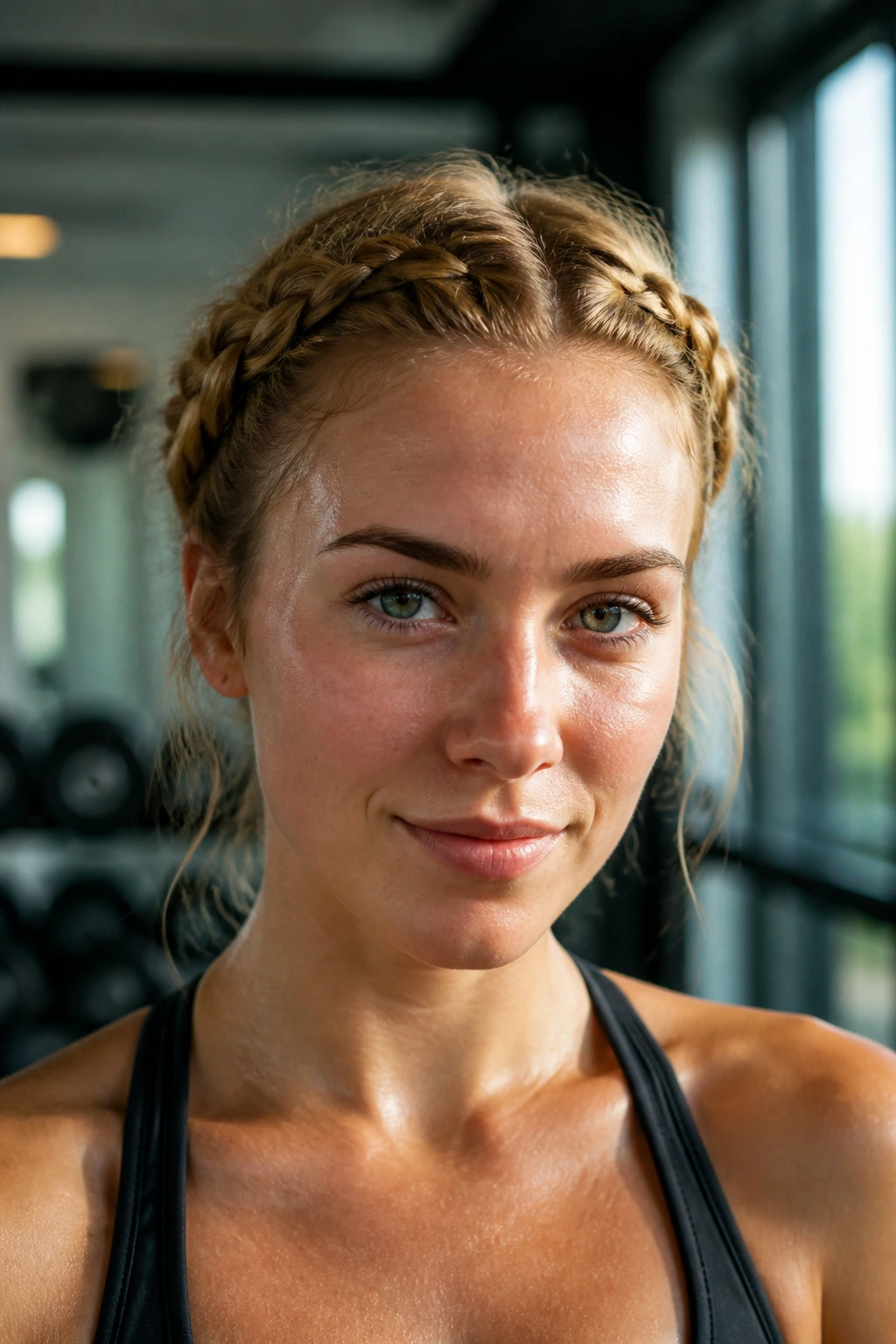 Close-up of a real woman with fishtail braids forming a crown