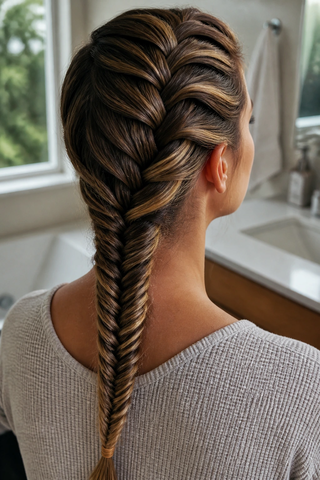 Close-up of a head showing transition from Dutch braid at the root to a fishtail along the hair length