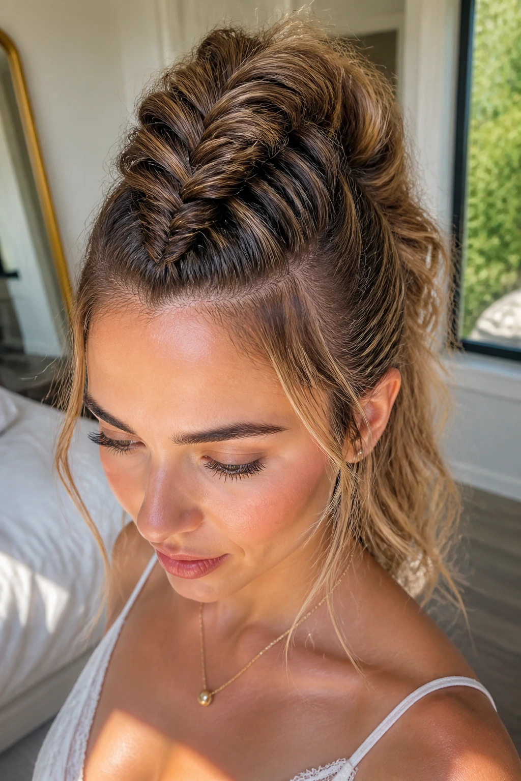Close-up of a real woman with a center-raised fishtail faux-hawk and teased roots