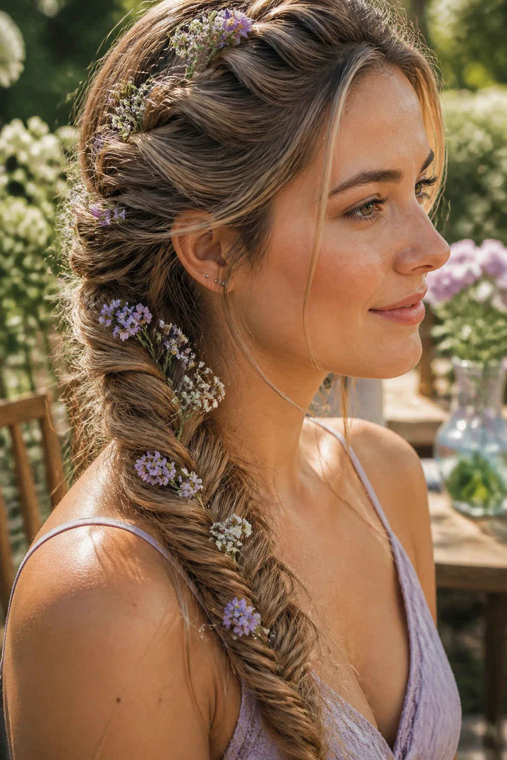 Real woman with a fishtail braid featuring delicate flowers woven into the weave.