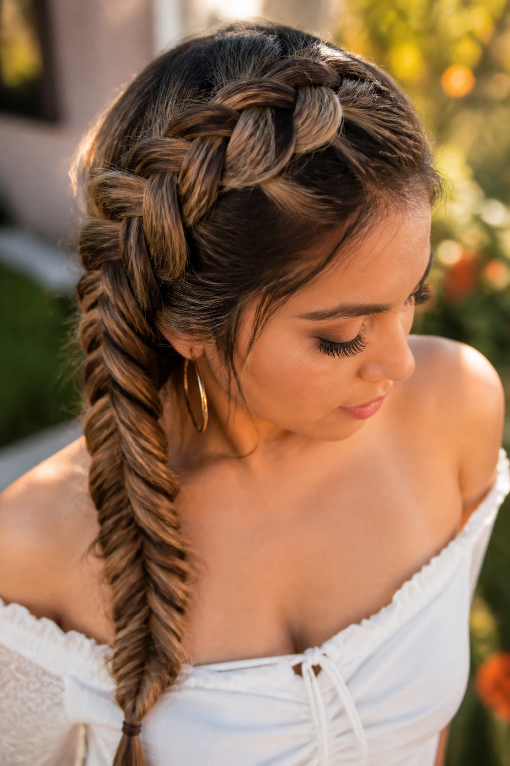 Close-up of a real woman with a fishtail-French braid hybrid