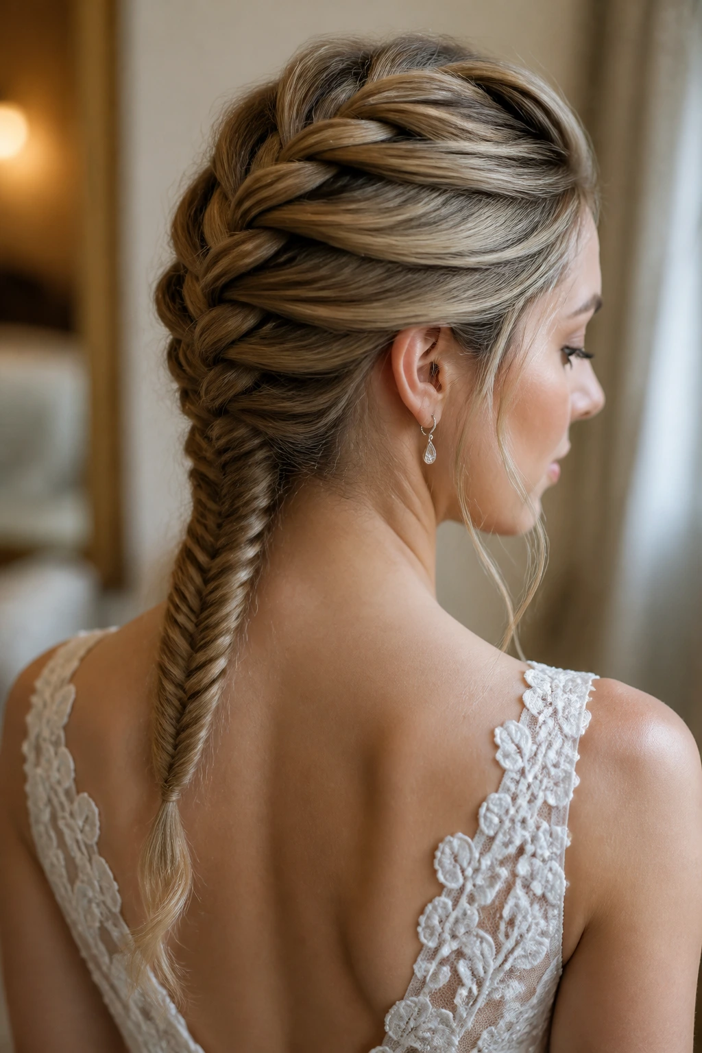 Close-up of bride's head showing the French braid at the crown transitioning to a fishtail at the neck