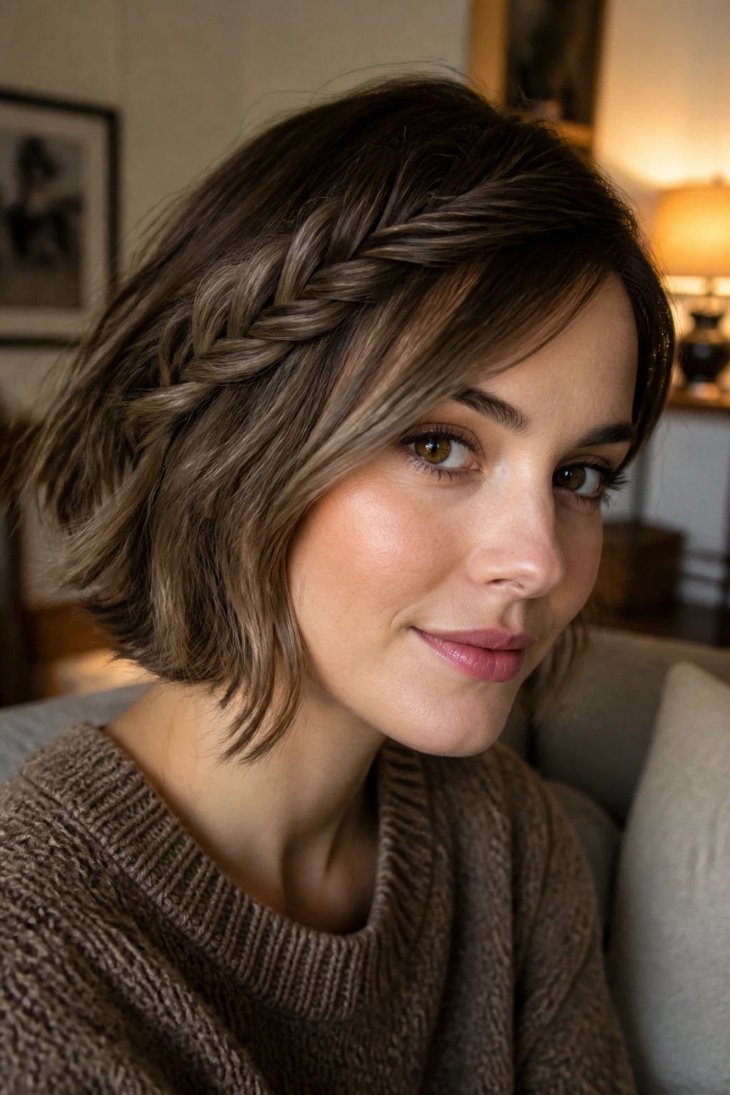 Real woman with a front fishtail braid and fringe in a warm indoor setting.