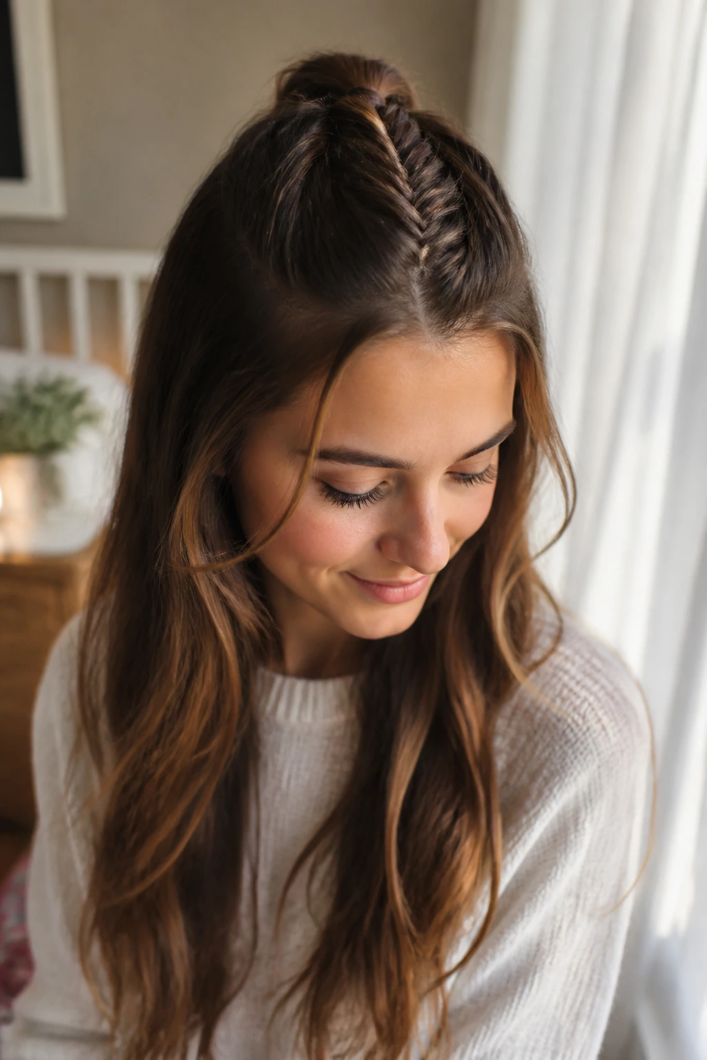 Close-up of a real woman wearing a half-up fishtail braid in a sunlit bedroom