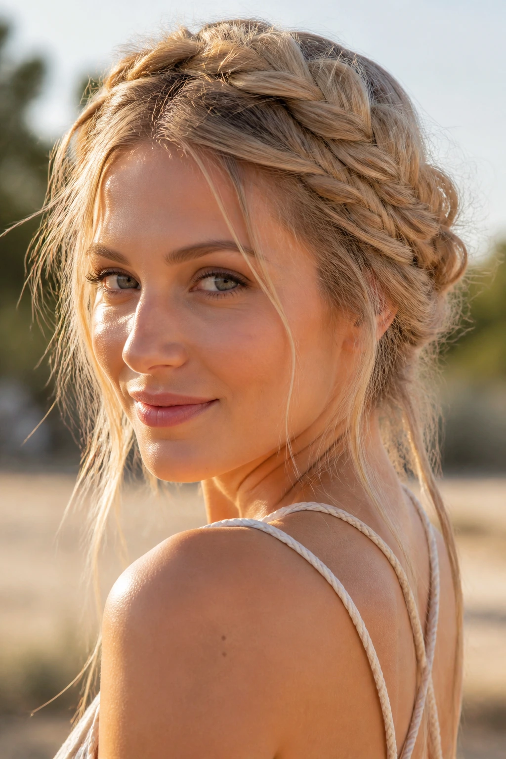 Close-up of a woman wearing a loose fishtail halo crown outdoors with soft natural light