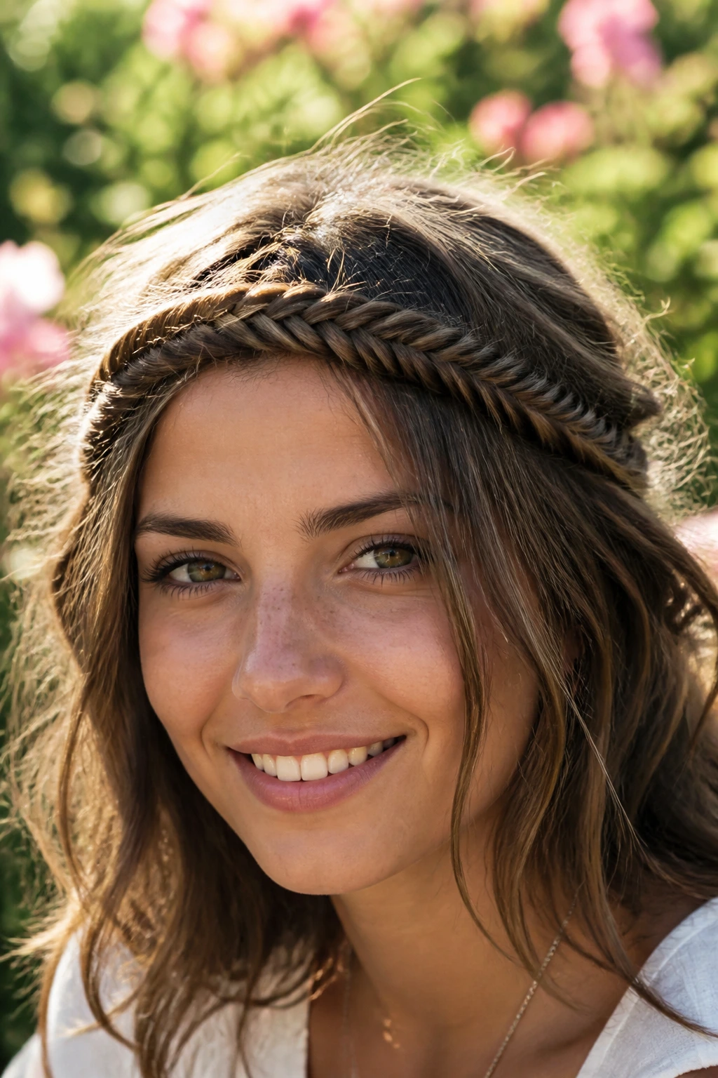 Close-up of a real woman with a halo fishtail braid across the forehead