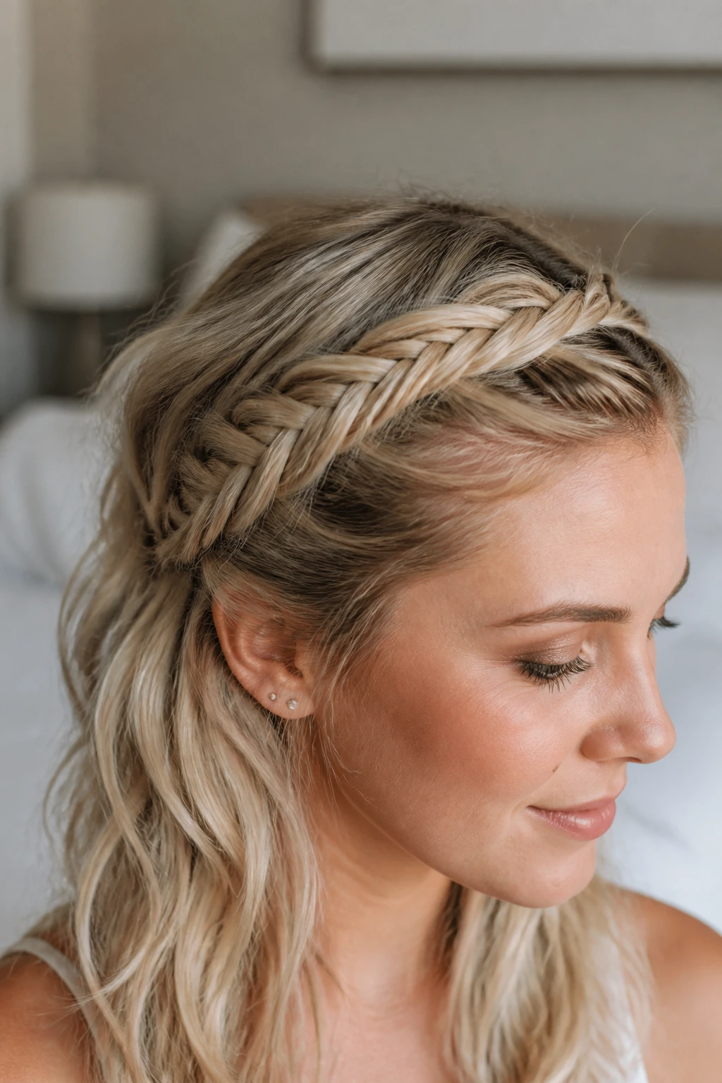 Close-up of a blonde woman with a fishtail braid forming a headband across the crown