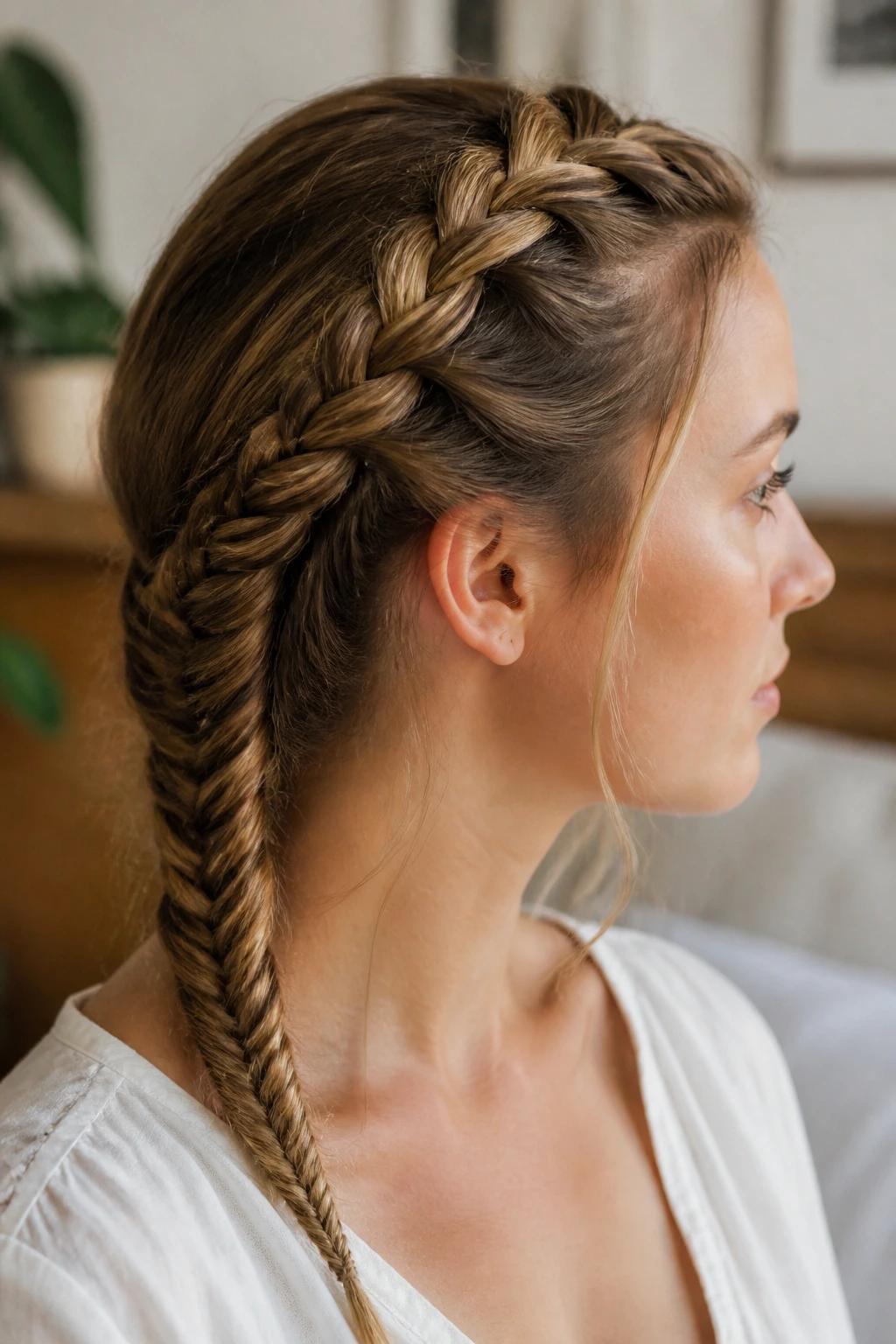 Side profile of a real person with a Dutch-to-fishtail headband braid
