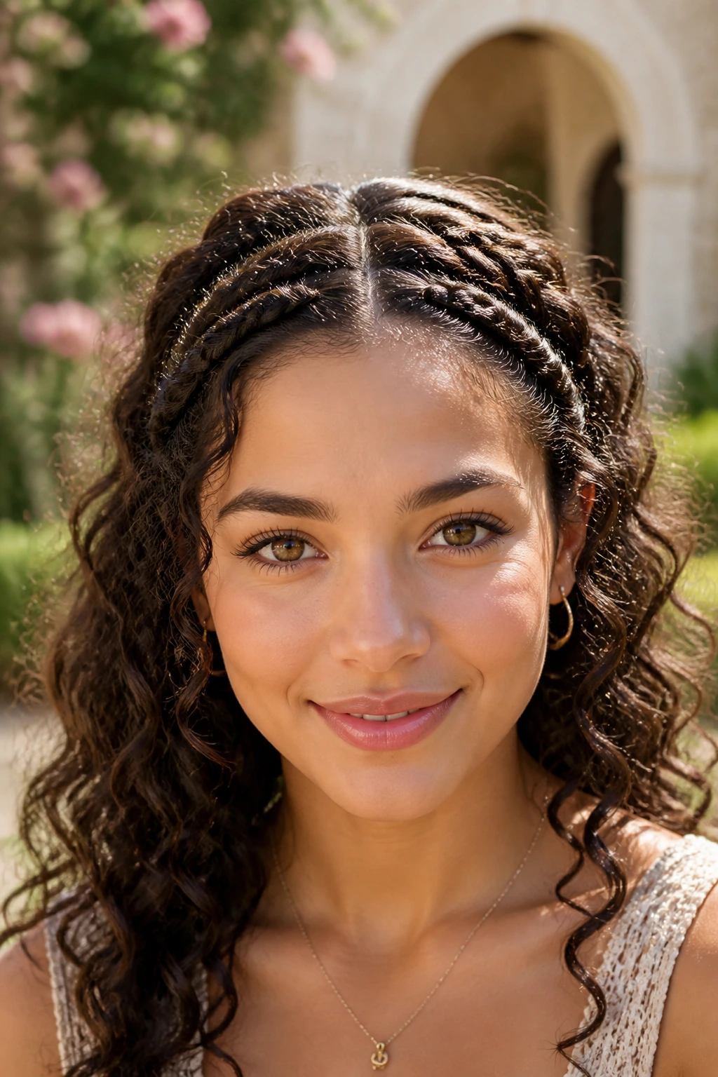Close-up of a real woman with two parallel fishtail headband braids along the hairline