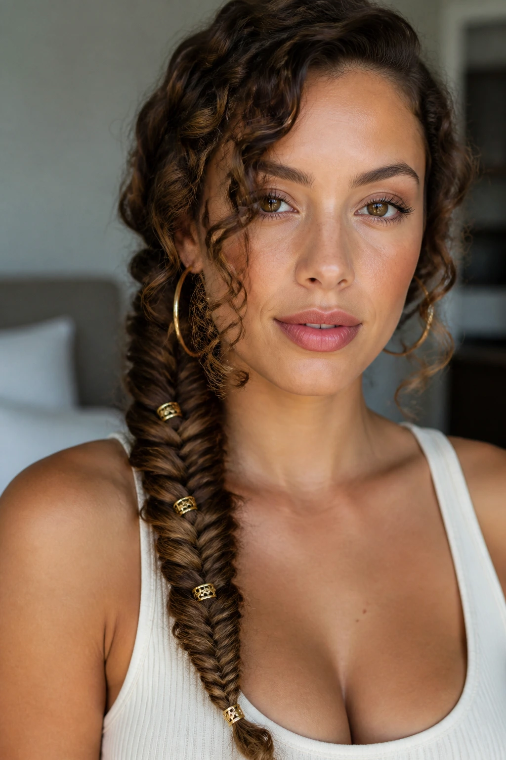 Fishtail braid integrated with small rings woven through the hair on a real person
