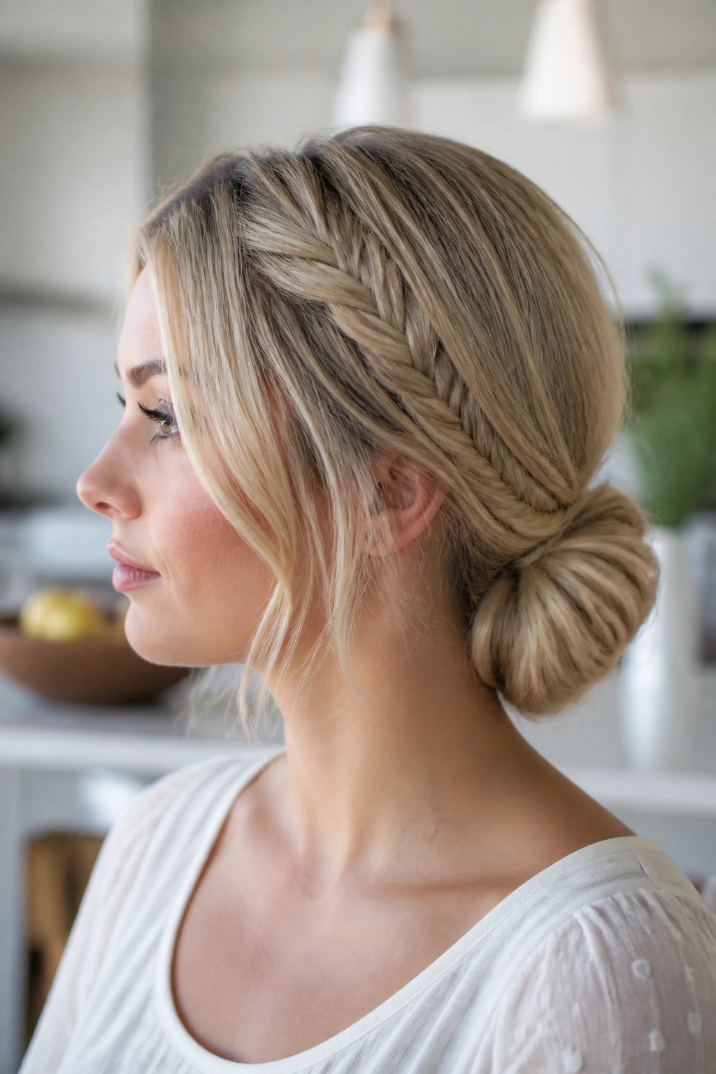 Close-up of a real blonde woman with a fishtail braid accent in a low bun
