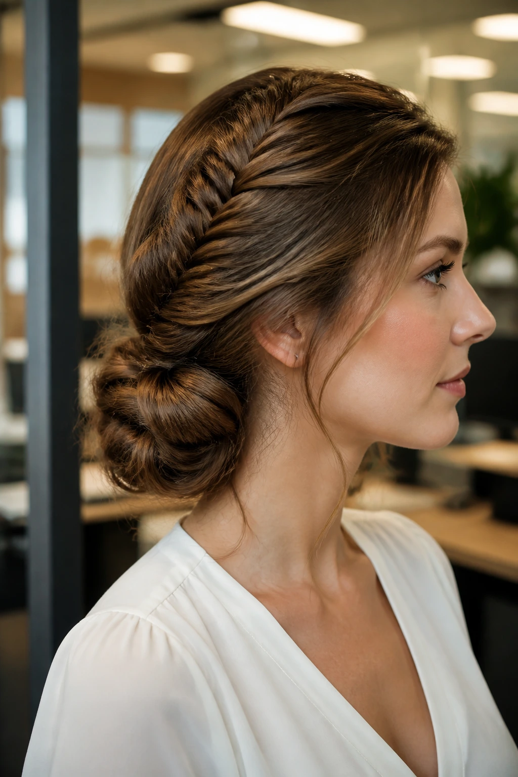 Real woman with a fishtail braid rolled into a low bun at the nape.