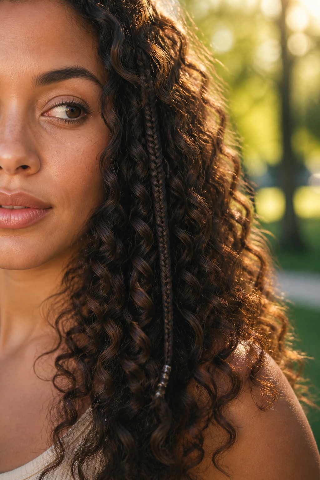 Close-up of a real woman with a tiny fishtail micro-braid in her curls.