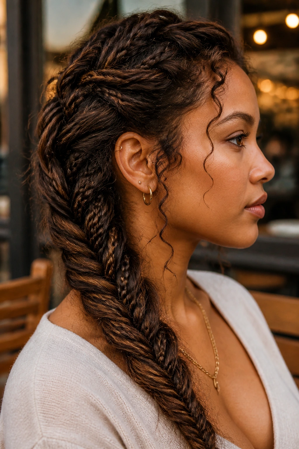 Close-up of fishtail braid interwoven with micro-braids on a real person outdoors