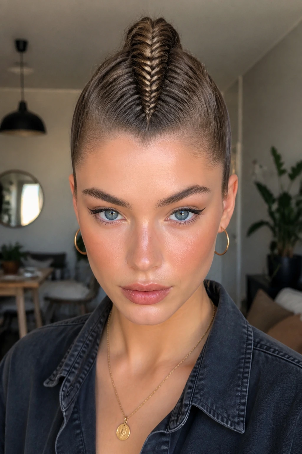 Close-up of real person with fishtail braid mohawk