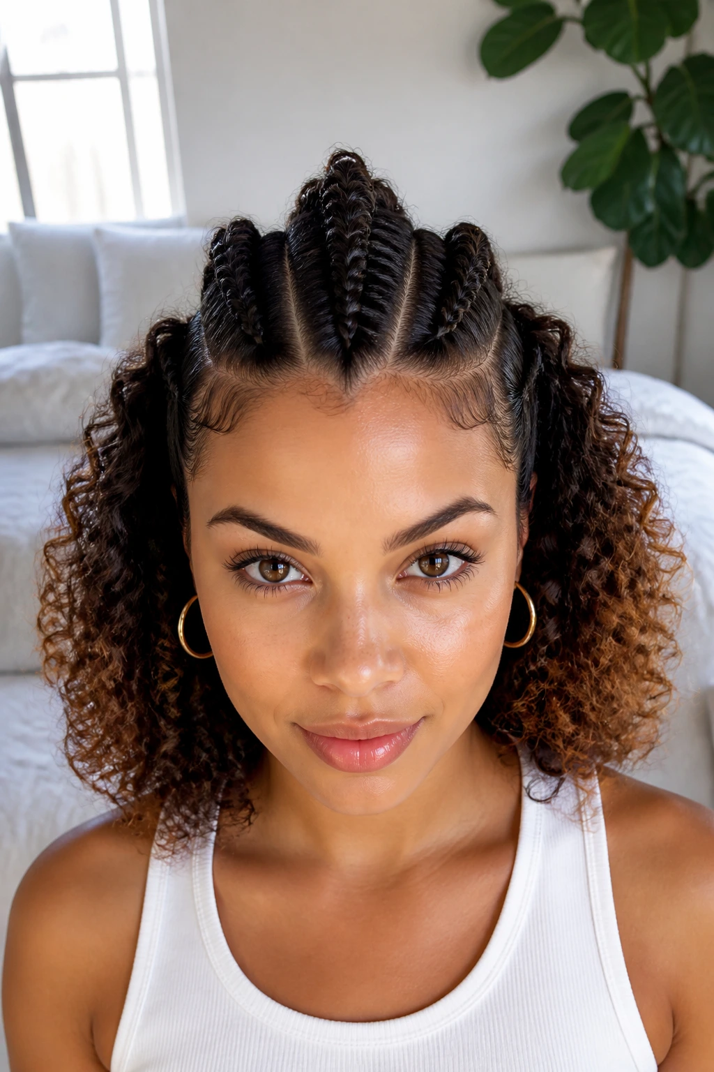 Front-close portrait of a real woman with three fishtail braids forming a mohawk
