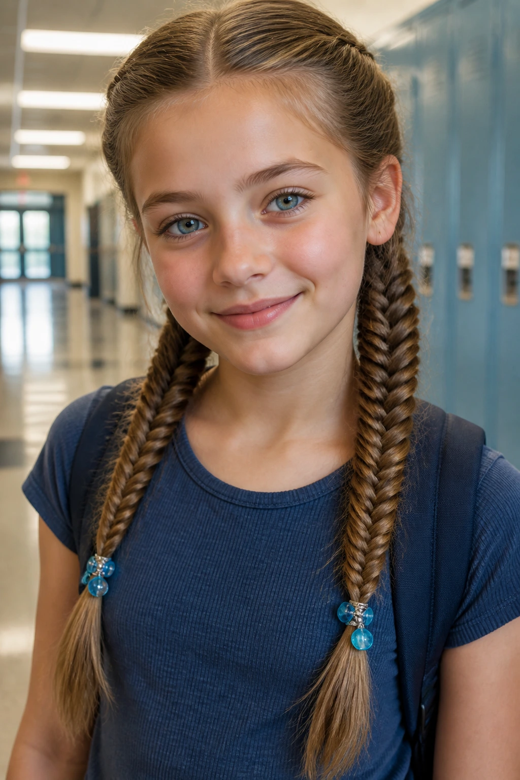 Close-up of a real person with fishtail pigtails and blue charms