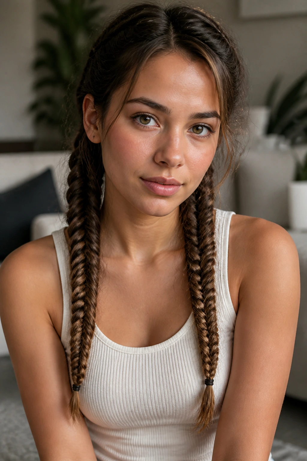Close-up of a real woman with two fishtail braids over the shoulders