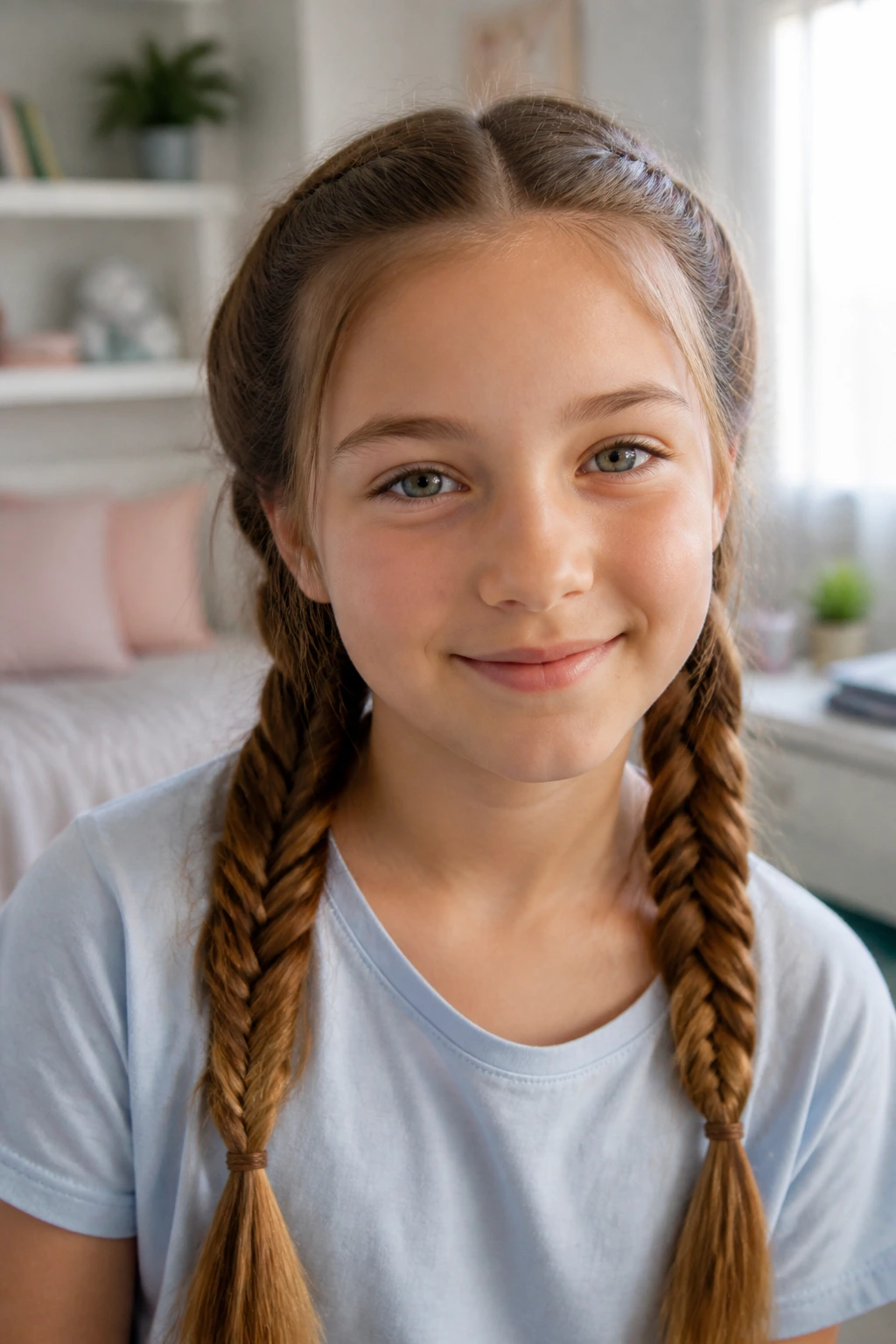 Close-up of real person with fishtail pigtails hairstyle
