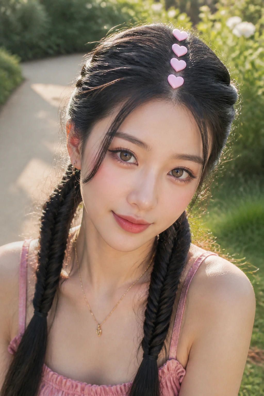 Close-up of a real woman with fishtail pigtails and pink chunky hearts along the center part.
