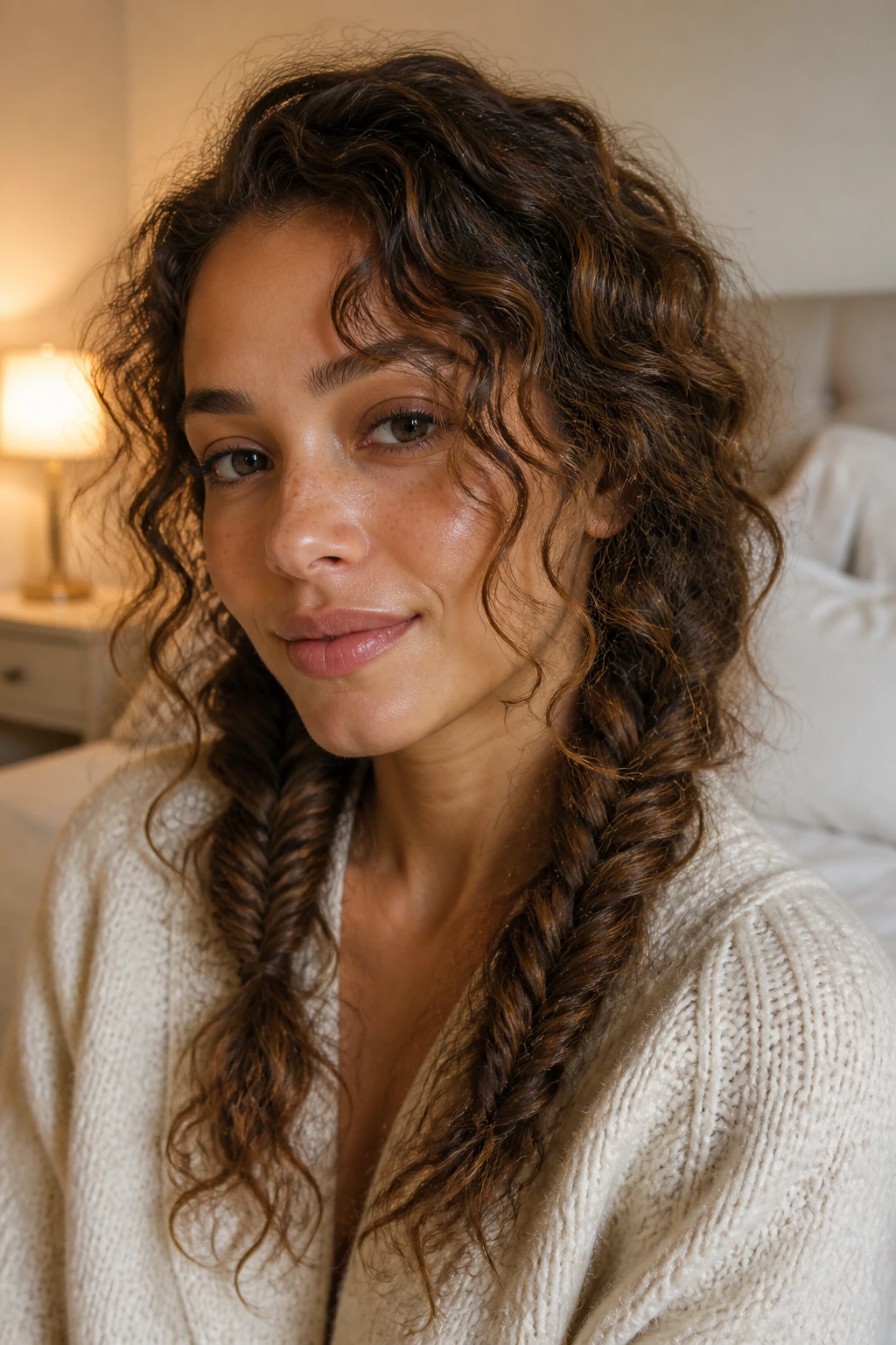 Close-up of a real woman with two loose low fishtail pigtails