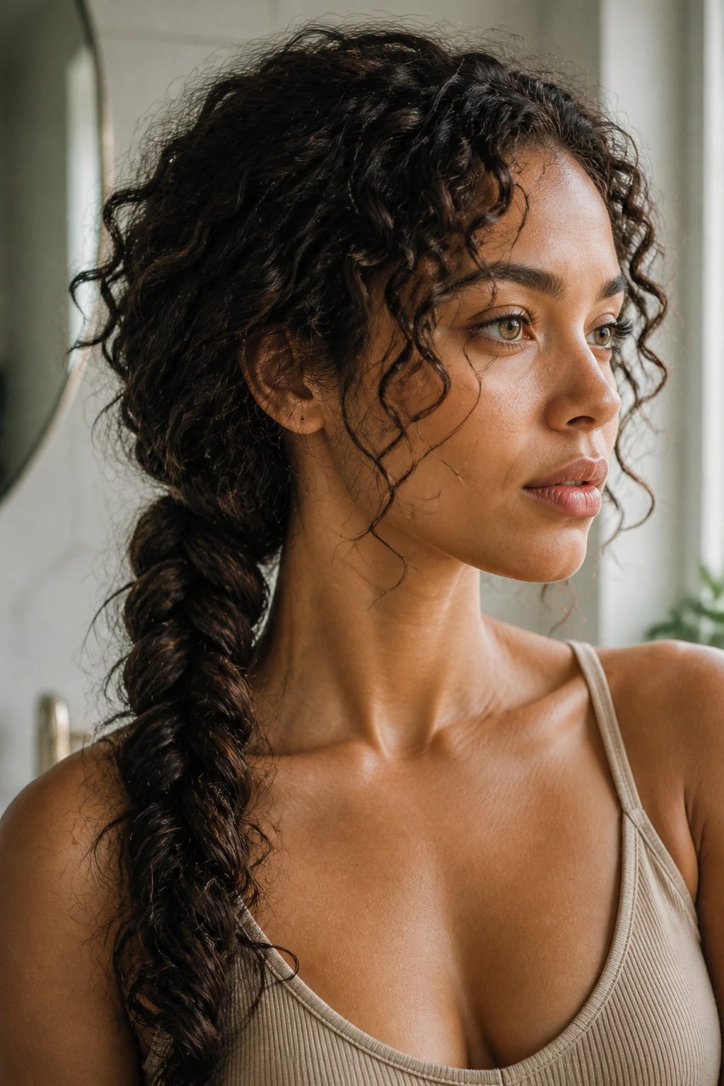 Close-up of a real woman with a classic low fishtail pony on curly hair with warm window light