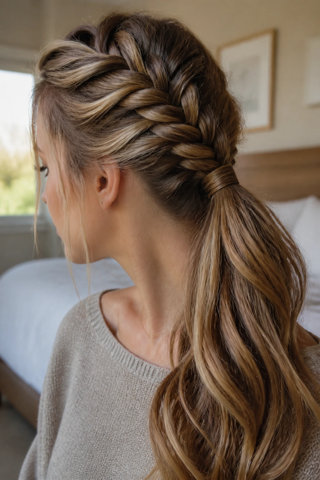 Close-up of a real woman's fishtail braid transitioning into a ponytail with wrapped elastic