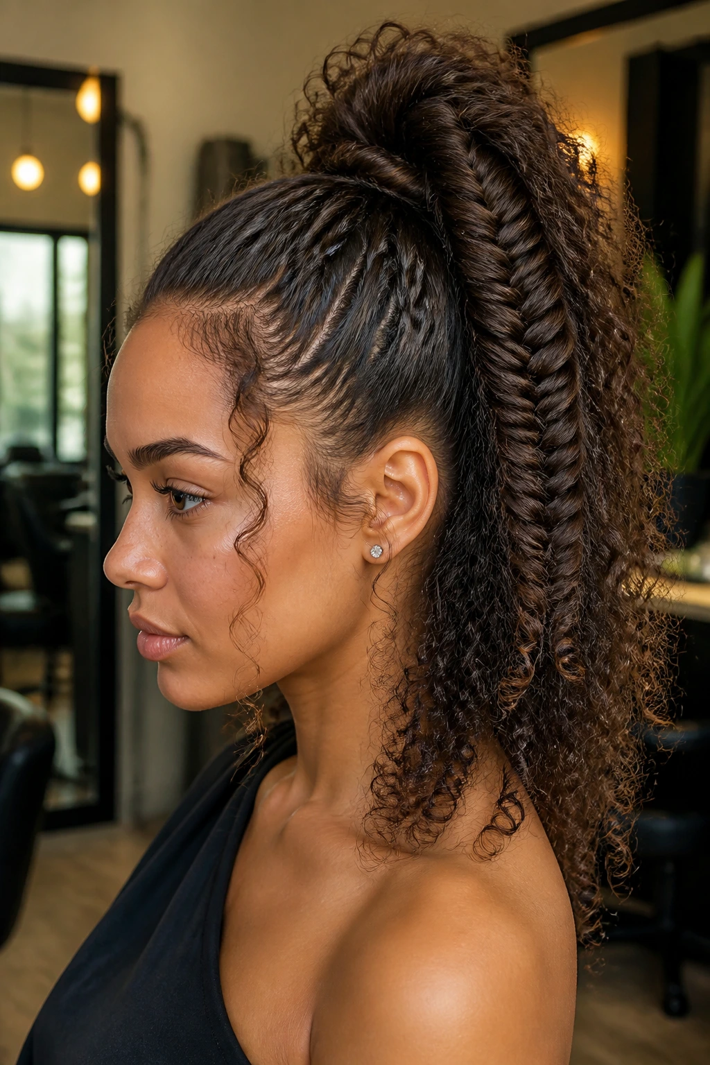Close-up of a real woman with a high fishtail braided ponytail showcasing root volume
