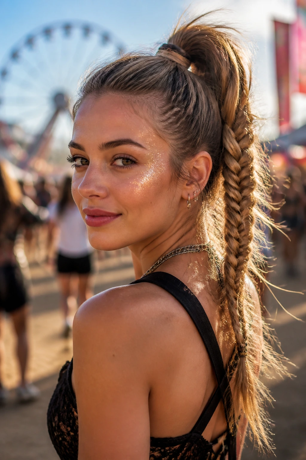 Close-up of a high fishtail ponytail at a festival