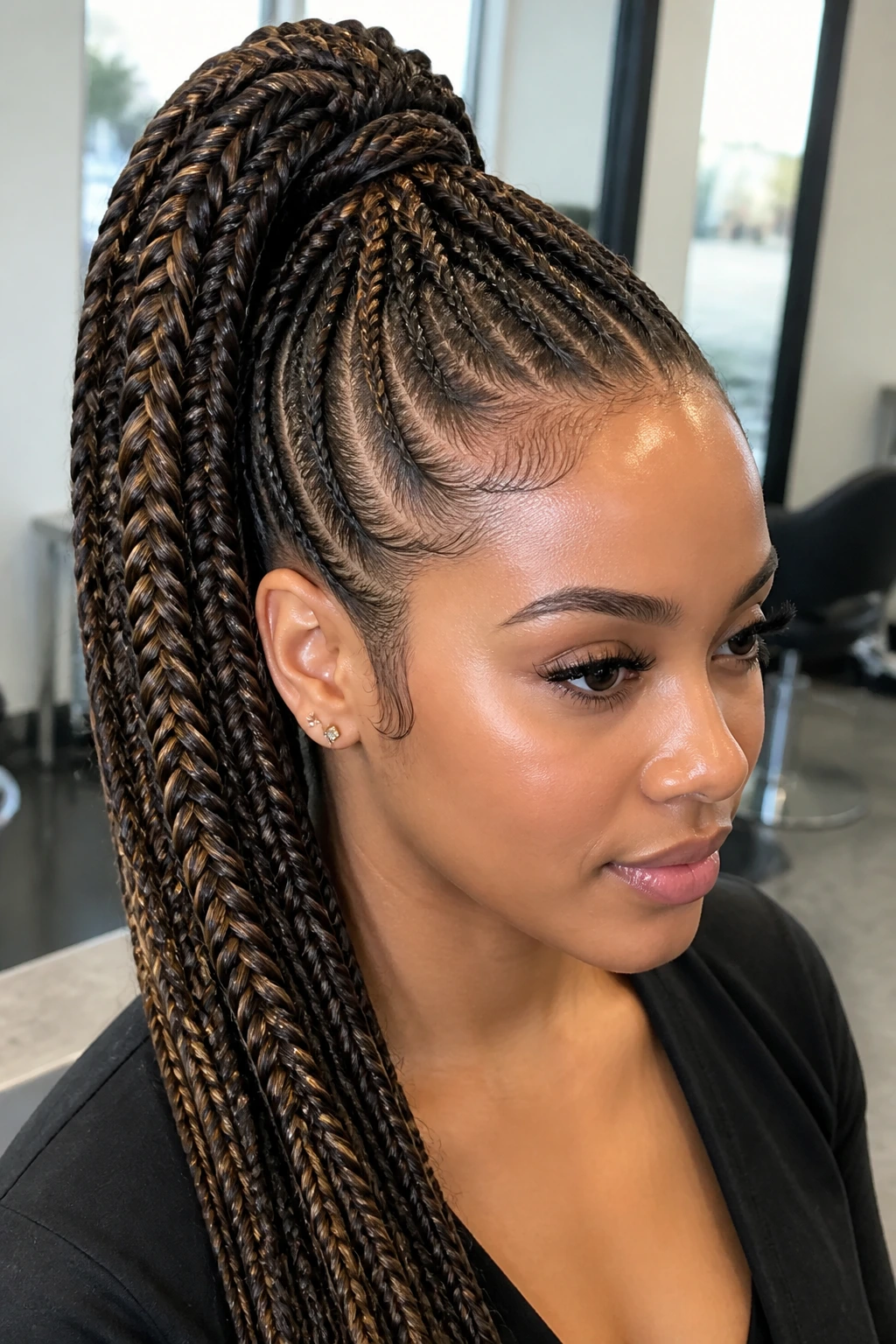 Close-up of a high multi-strand fishtail ponytail on a real person