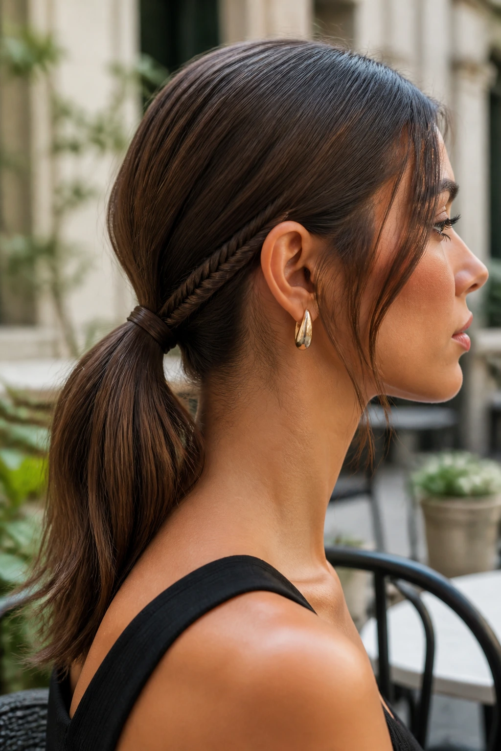 Portrait of a real woman with a fishtail accent ponytail in a low ponytail