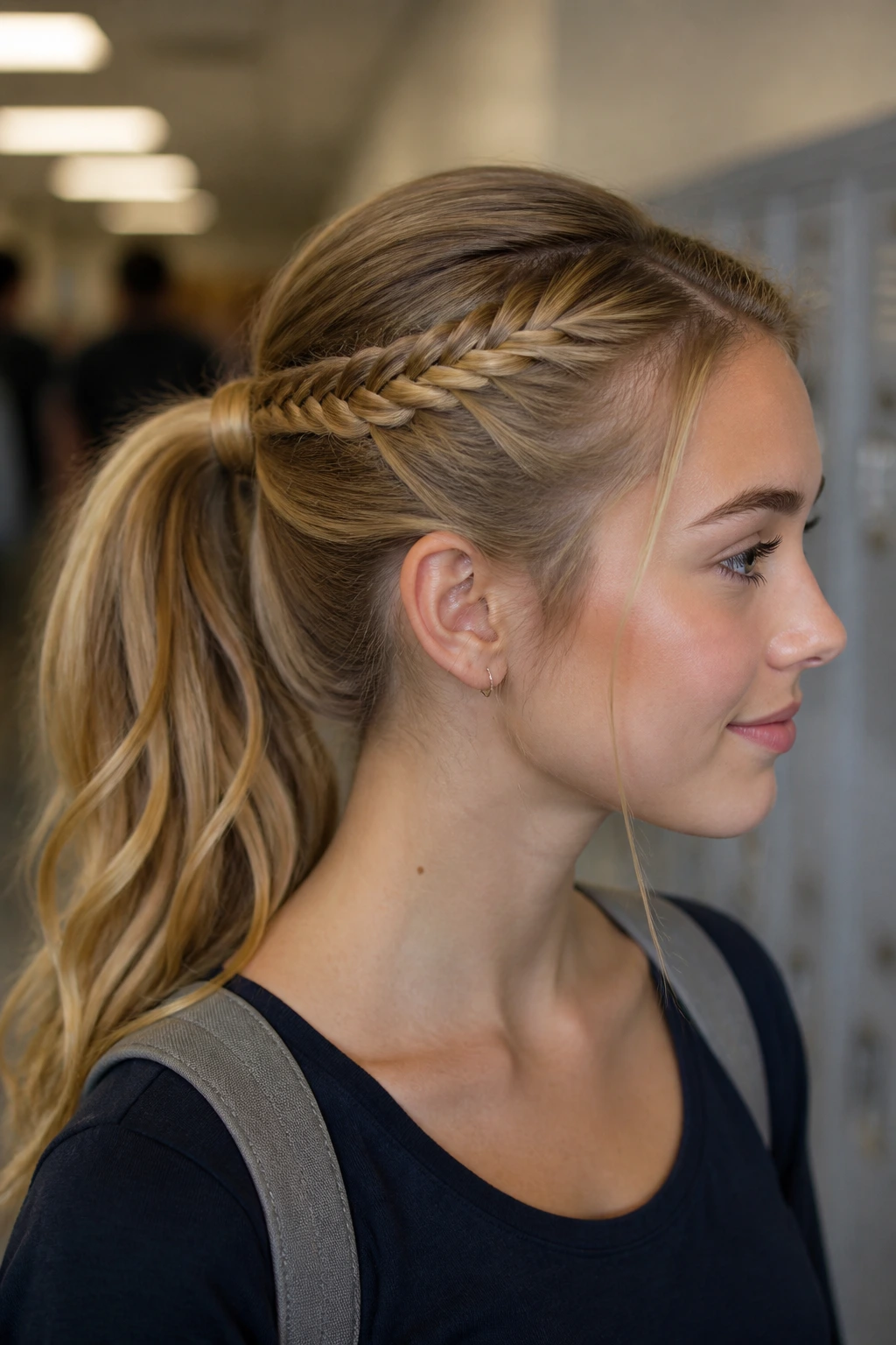 Close-up of fishtail accent ponytail on a real student