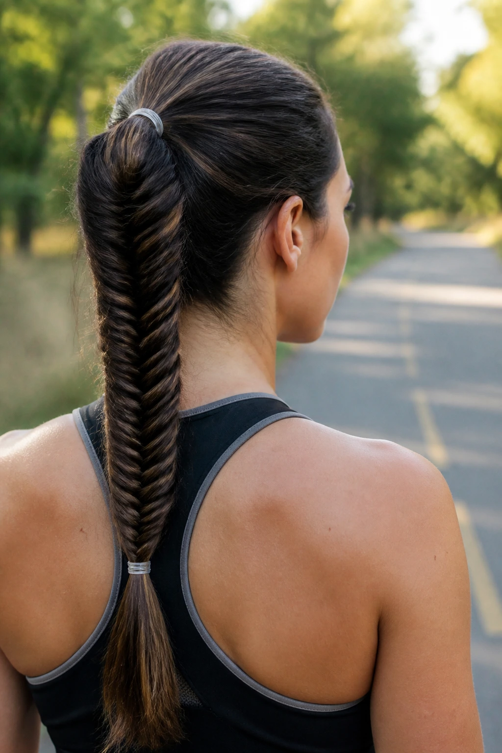 Rear portrait of real person with fishtail ponytail and silicone bands during outdoor run