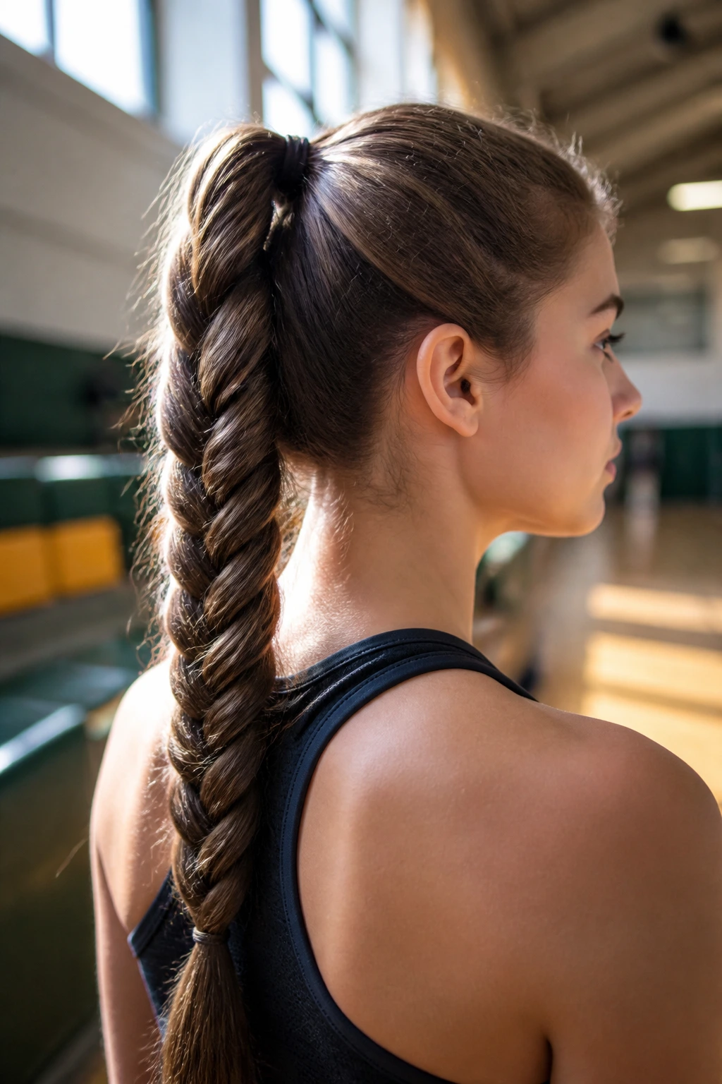 Close-up portrait of a real student-athlete with a thick fishtail ponytail in a gym setting