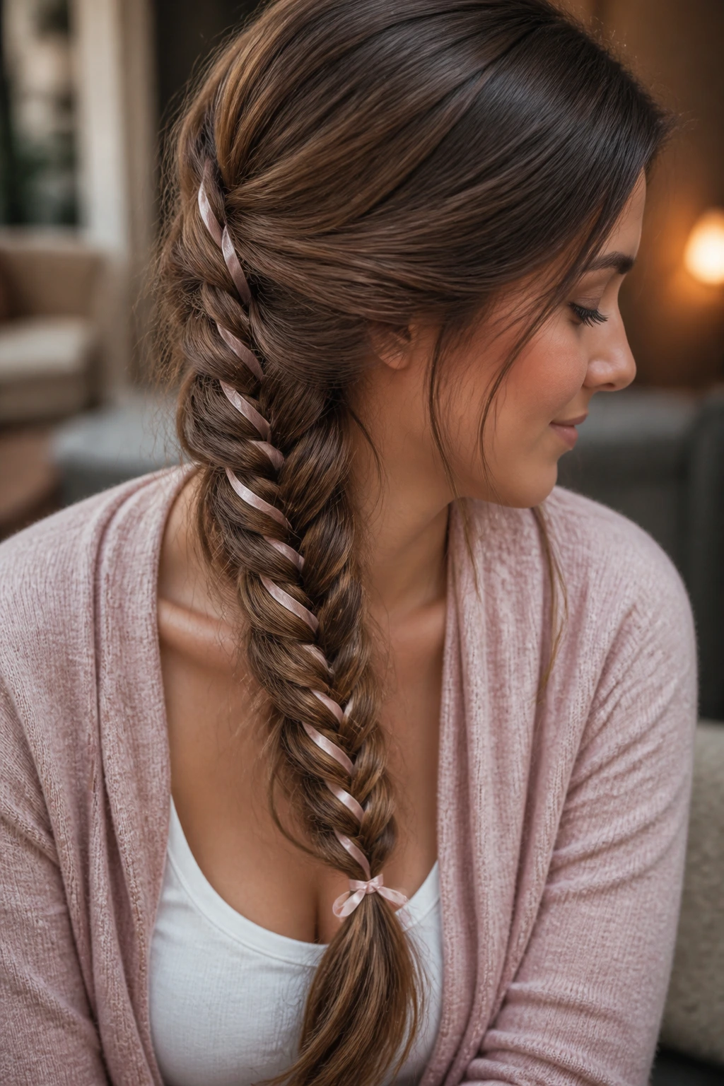 Close-up of a real woman's fishtail braid woven with a ribbon