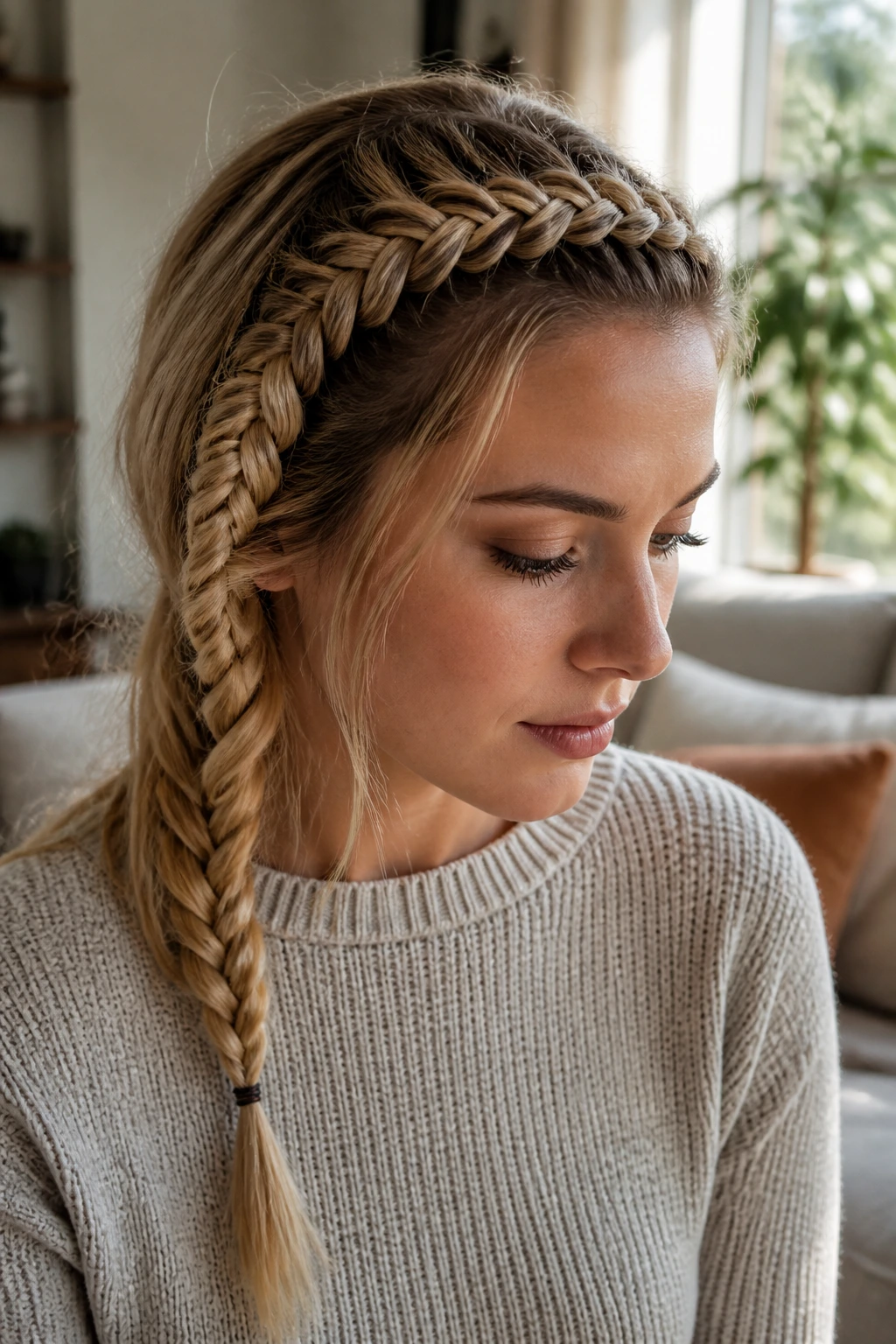 Close-up of multi-texture fishtail-rope hybrid braid on a real woman