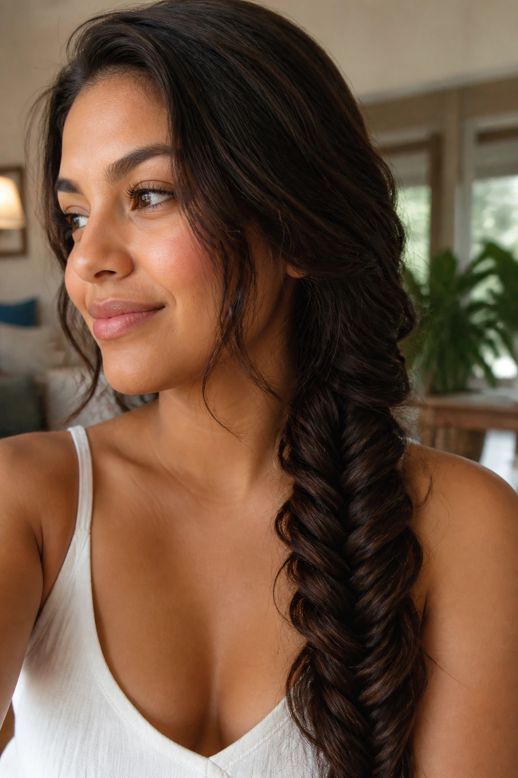 Close-up of a real woman with a side fishtail braid over her shoulder