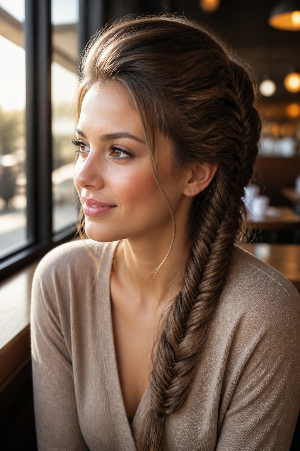 Portrait of a real woman with a fishtail side-braid and lifted crown.