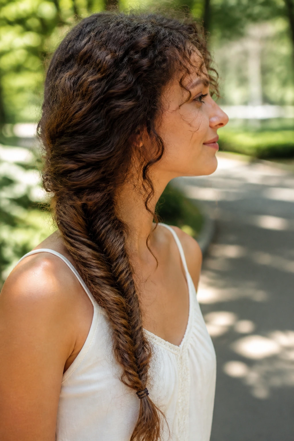 Profile of a real woman with a messy side-swept fishtail braid among curls