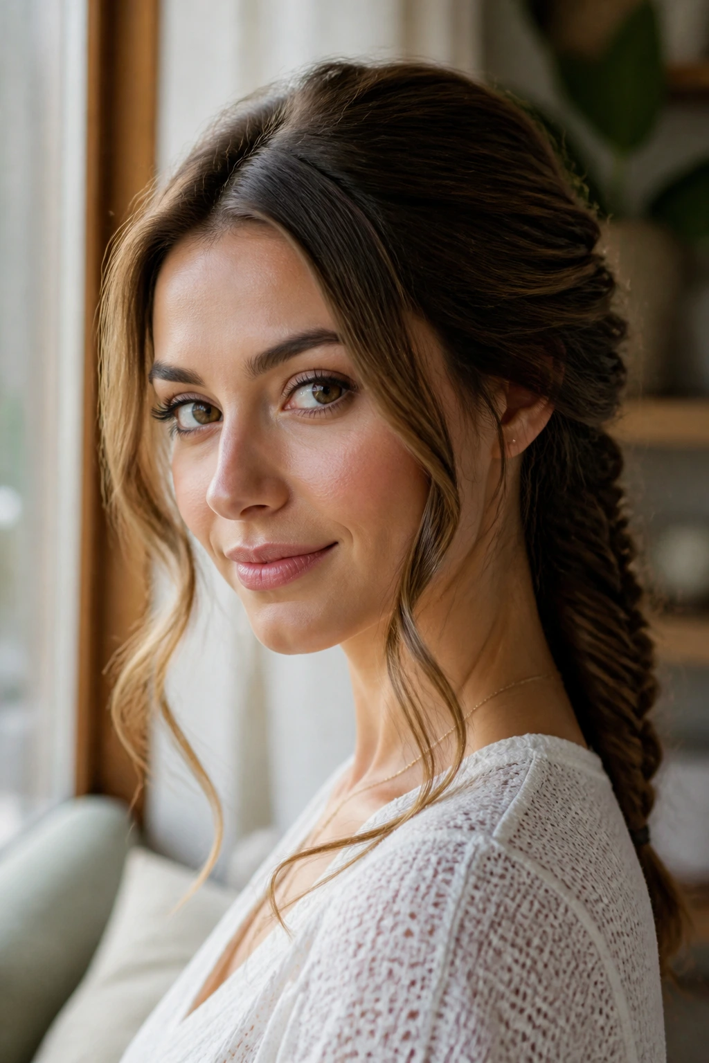 Close-up of a fishtail braid at the back with two long tendrils framing the face on a real person