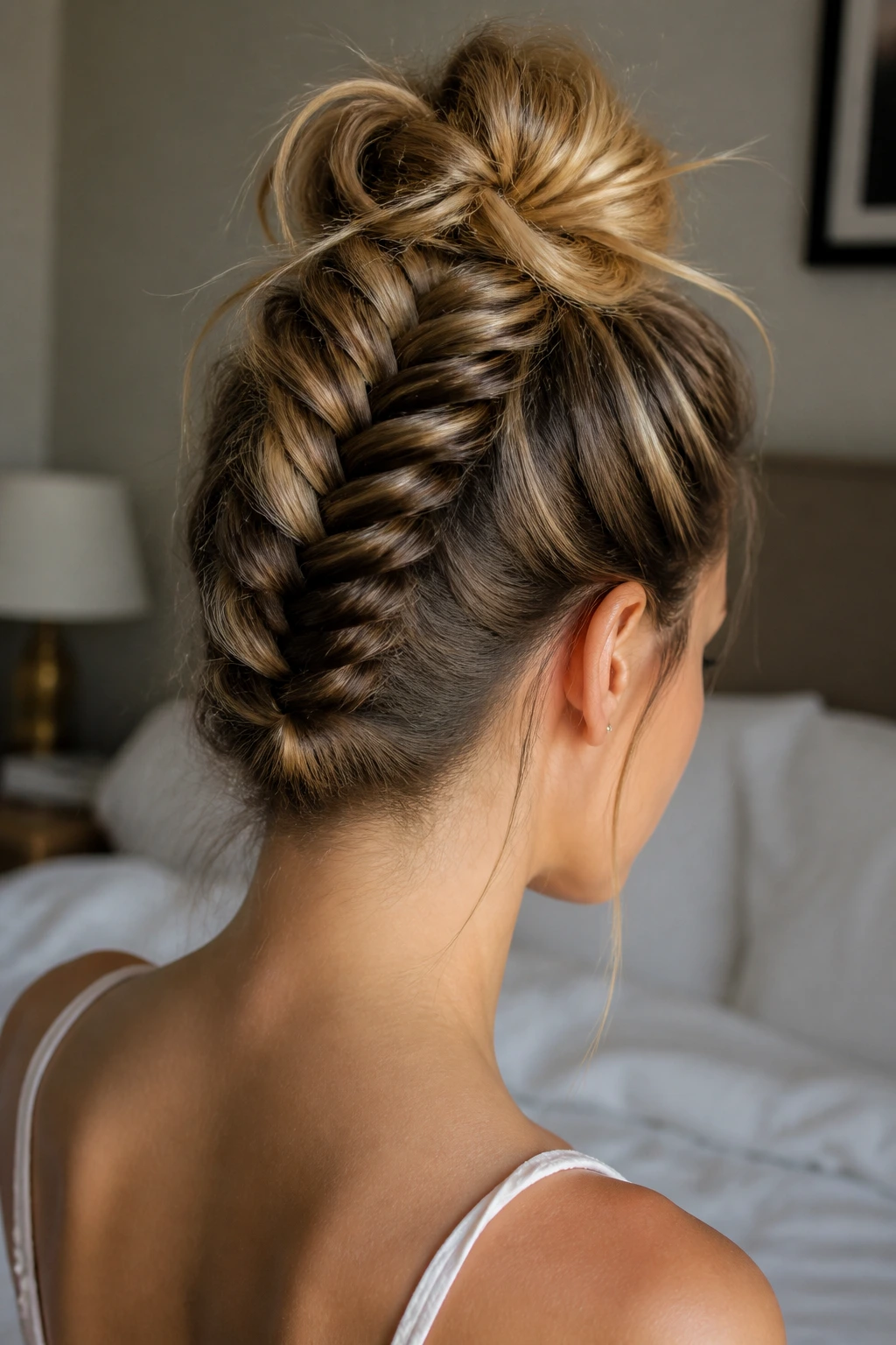 Close-up of fishtail braid flowing into a messy top knot on a real person