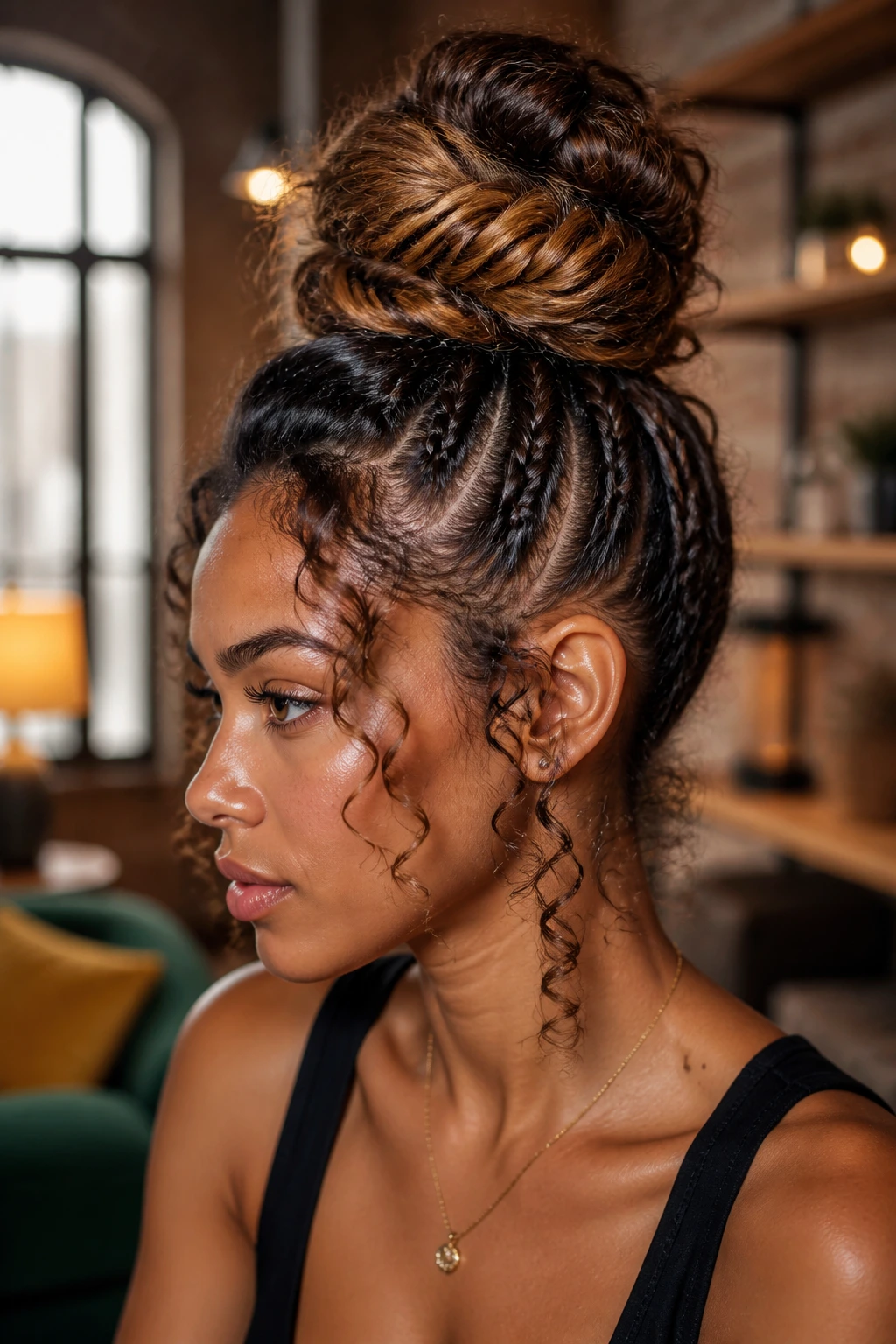 Portrait of a real woman with a fishtail braid formed into a top-knot at the crown