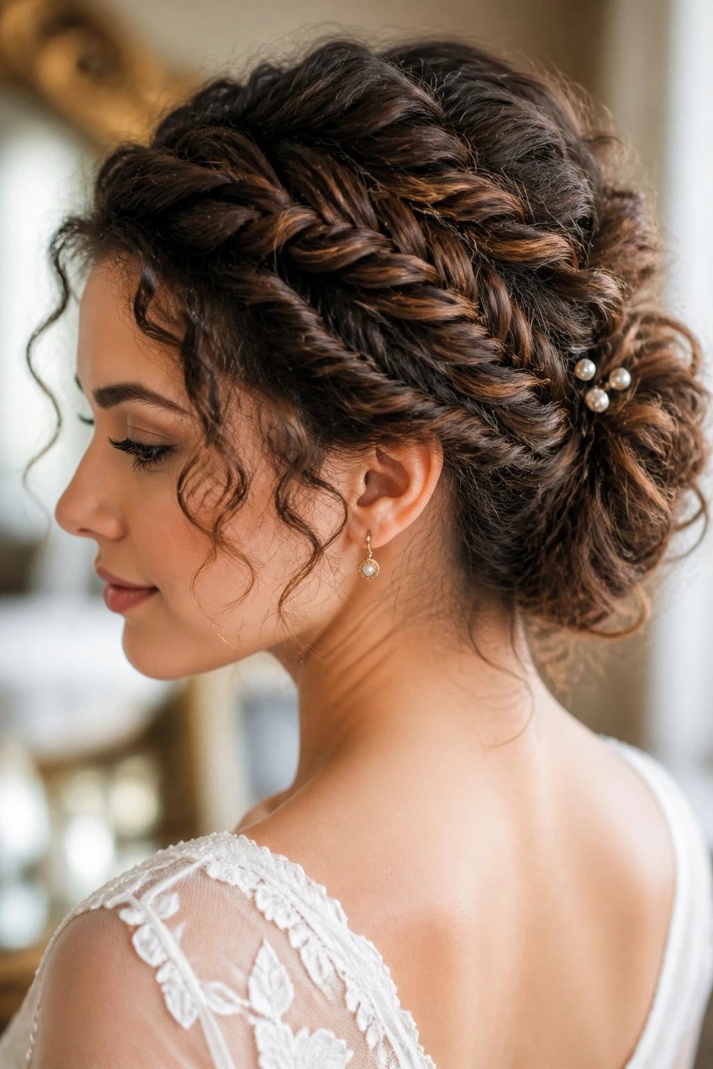 Close-up of a real woman wearing a boho fishtail updo with a loose crown and low bun
