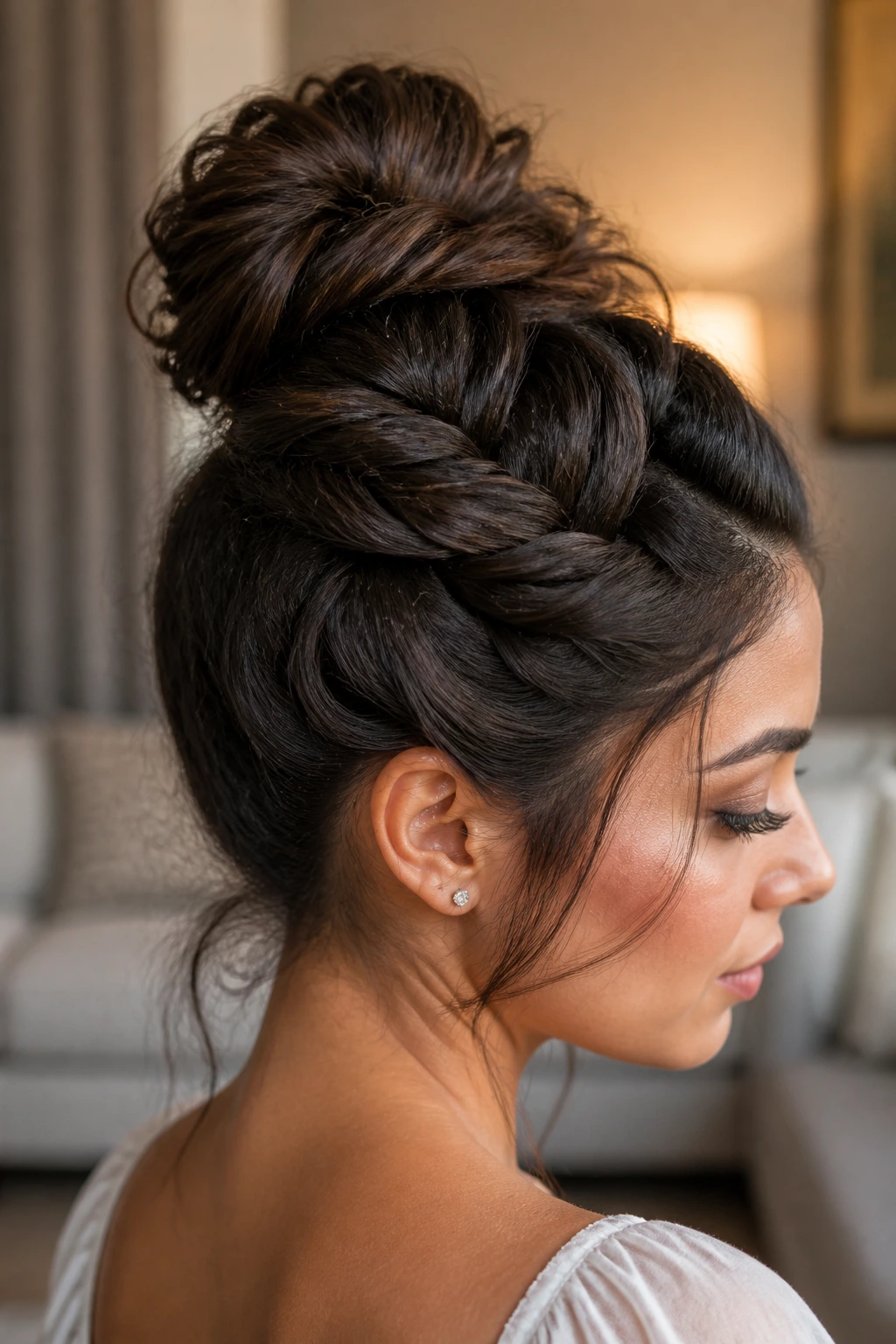 Close-up of a real woman with a tight fishtail updo