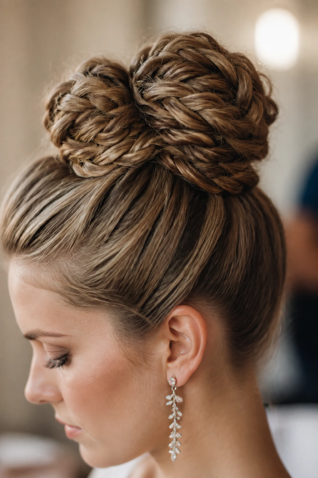Close-up of three fishtail braids woven into a large crown bun at the crown of a real woman's head
